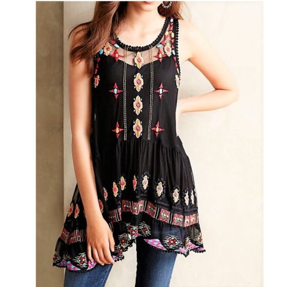 Anthropologie Tops - HD in PARIS Aaina embroidered mesh sleeveless black tunic top